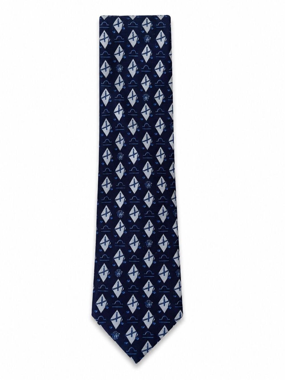 Vintage Gianni Versace Libra Zodiac Silk Tie Navy Blue Medusa Made in Italy 1990